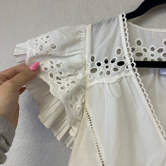 Hunter Bell Carlton Eyelet V-Neck Double Ruffle Sleeve Top White Size Medium - Picture 8 of 8